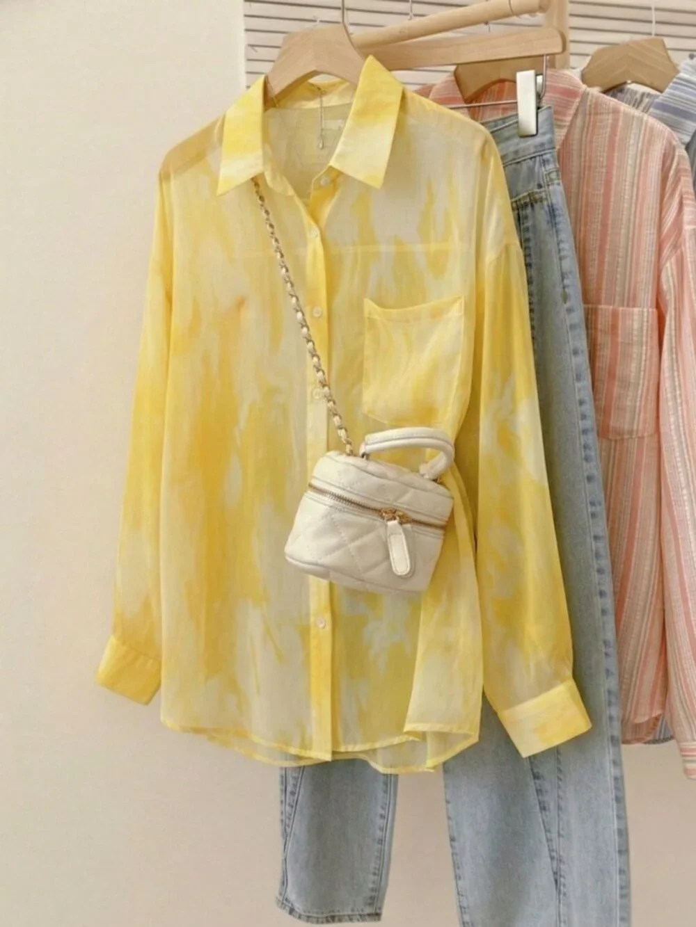 Yellow Casual Tie-Dye Women's Lightweight Sheer Long Sleeve button down Blouse - Picture 6 of 10